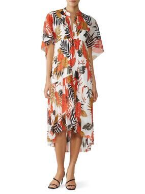 FUZZI Midi Dress Women L Leaf Print Tulle Ivory Orange Brown A-Line Ruffle